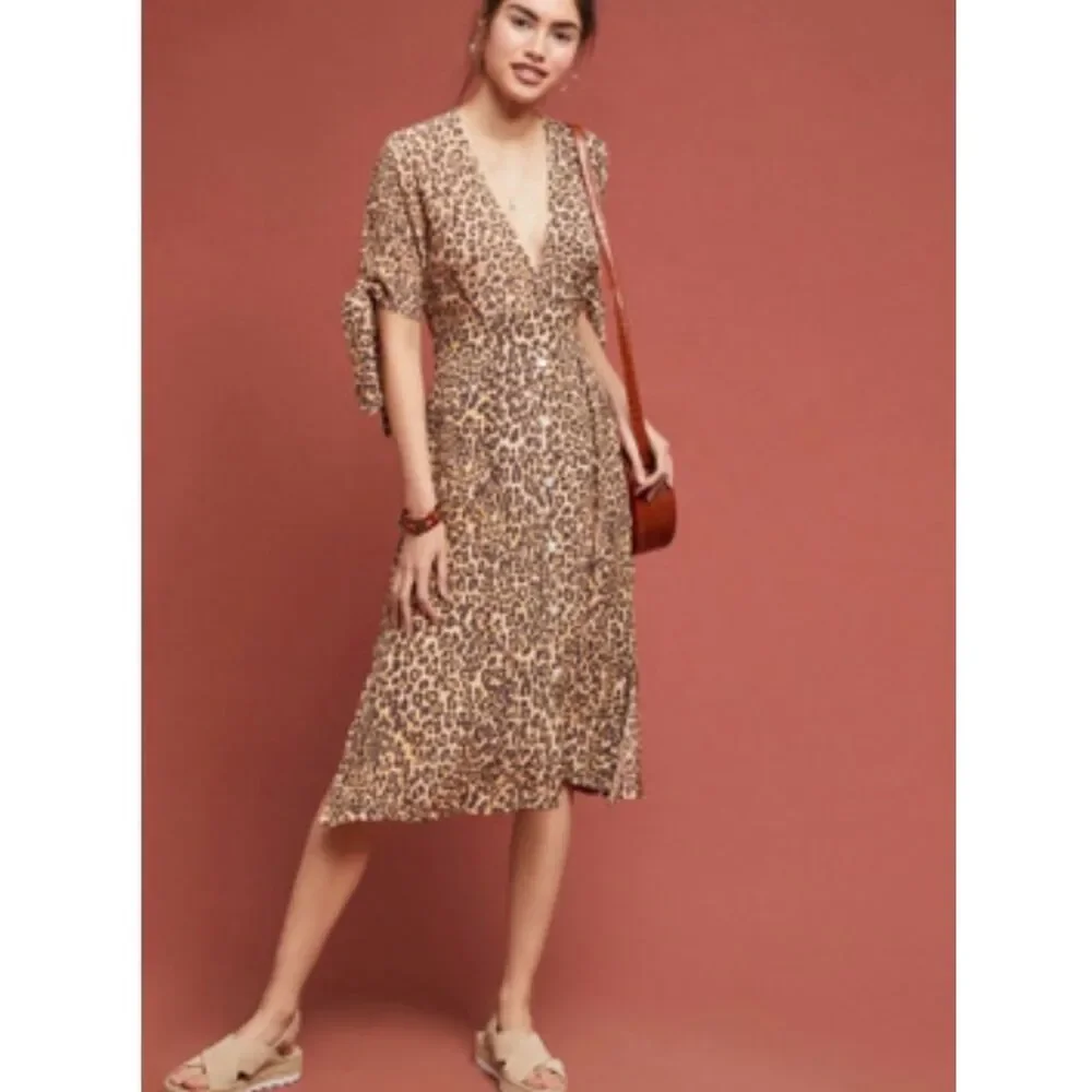 Faithfull The Brand Chloe Midi Dress Mila Animal Print Button Front V Neck